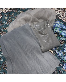 Grey sequence  suit with pleated pant n organza ruffle dupatta